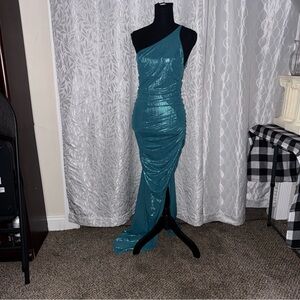 Social Couture Blue One Shoulder Slit Dress Size 9/10  Stretch Prom Formal Gown